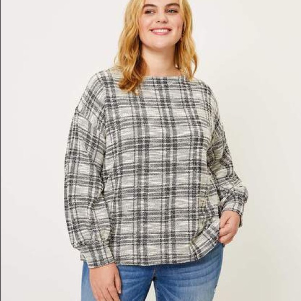 🆕 LOFT Plus Plaid Boucle Puff Sleeve Sweatshirt